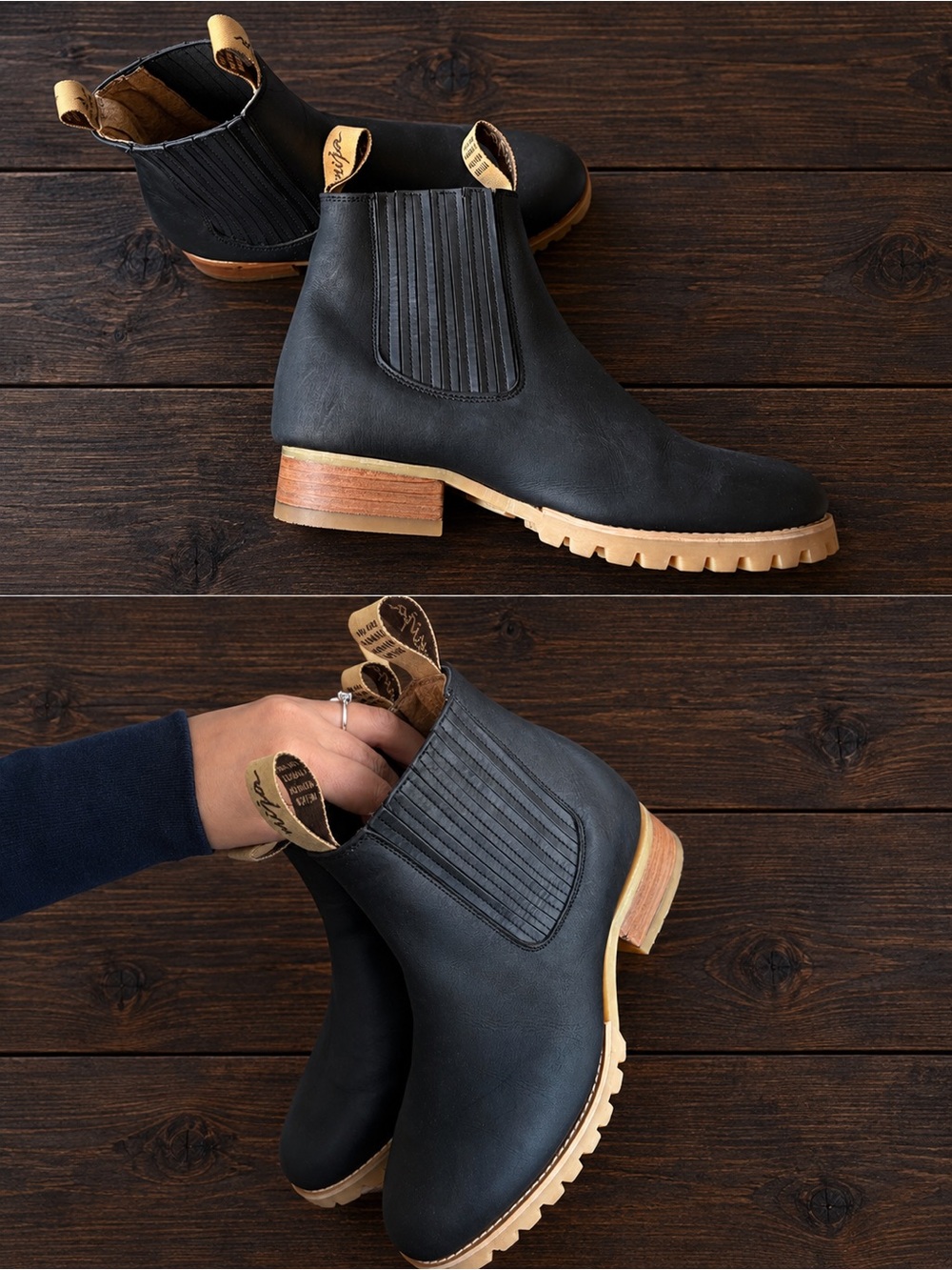 Black Mija Chelsea Lug-Sole Ankle Boots with Tan Lug Sole, Real Leather - Women